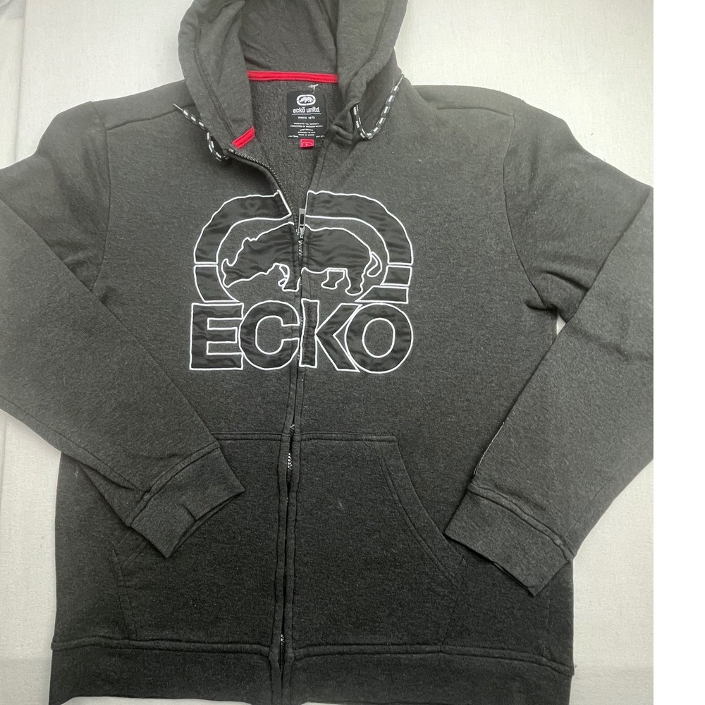 Ecko Unltd Mens Full Zip Hoodie Charcoal Grey Rhino Logo Streetwear Size L